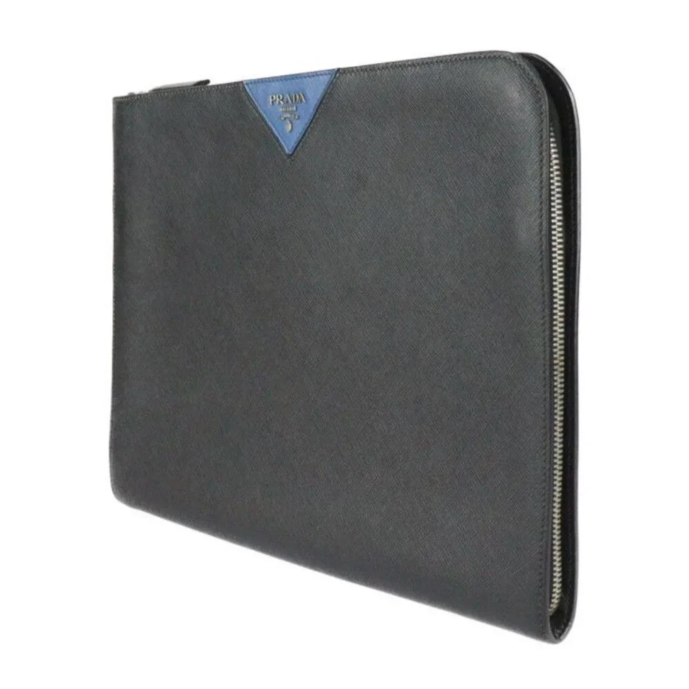 Prada Document Case Second Bag 2 Vn003 Leather Black Blue Silver Hardware